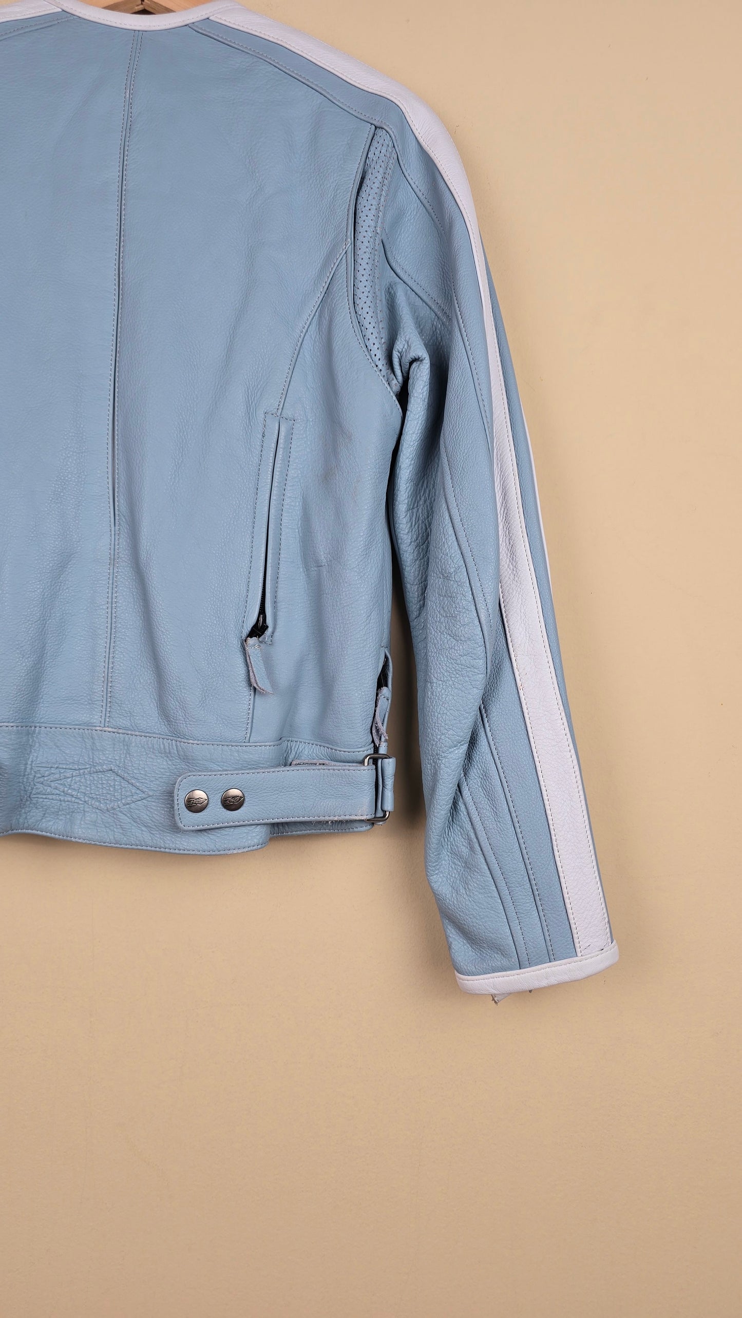 Vintage Cropped Biker X NY Blue Leather Jacket | Women S | L14