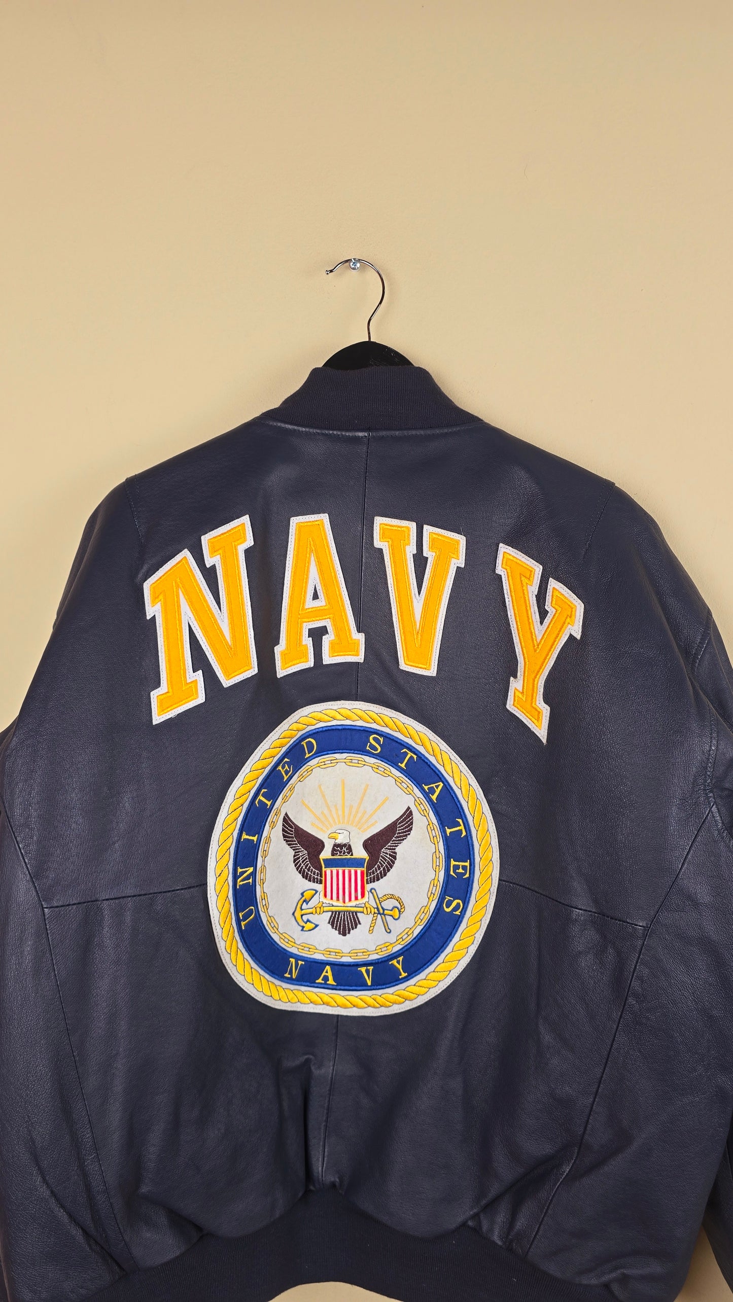Vintage Michael Hoban WhereMI US Navy Blue Leather Jacket (Size XL) | VET10