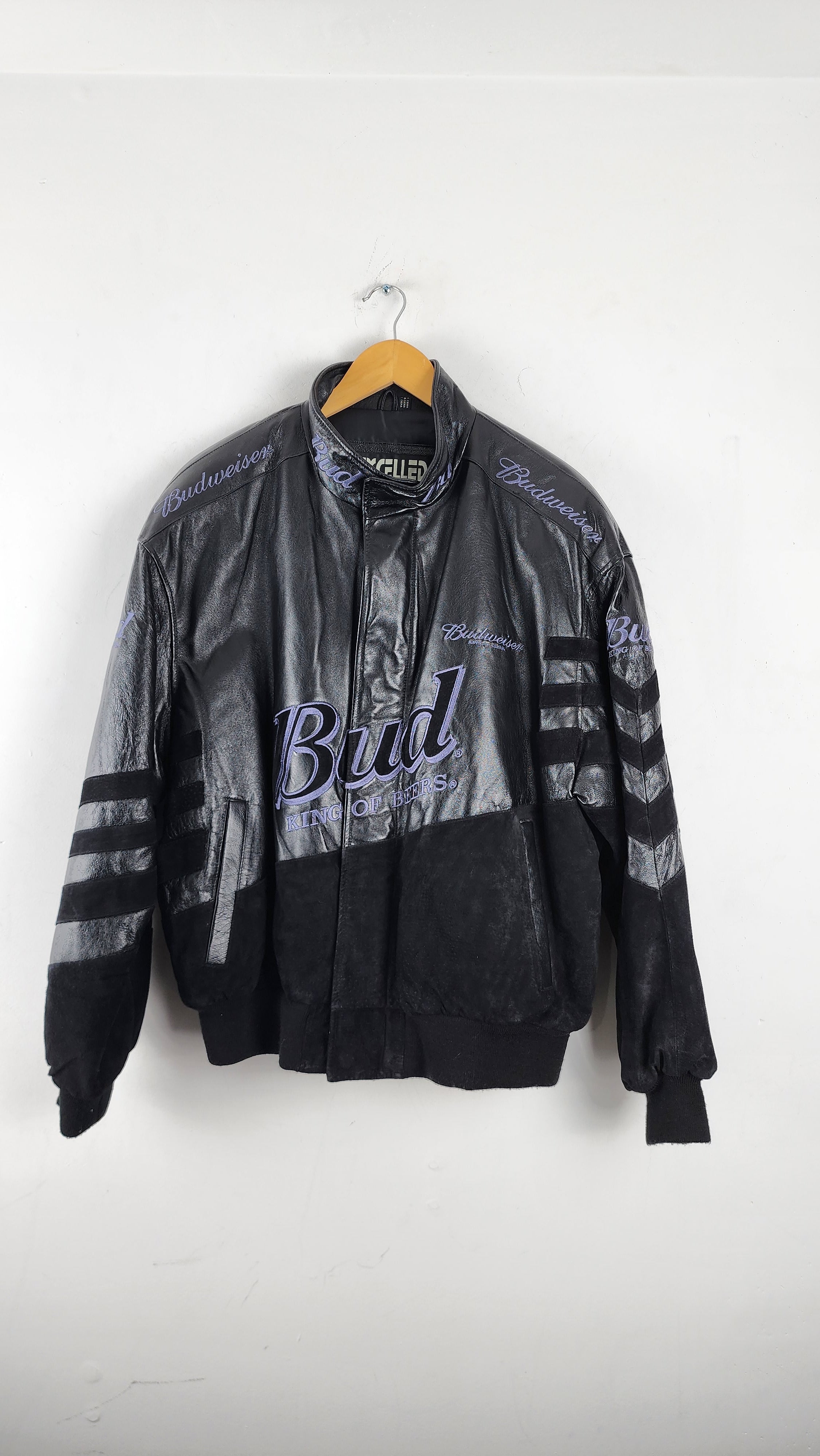 Vintage Excelled All Black Leather Budweiser Nascar Jacket The Igala NYC