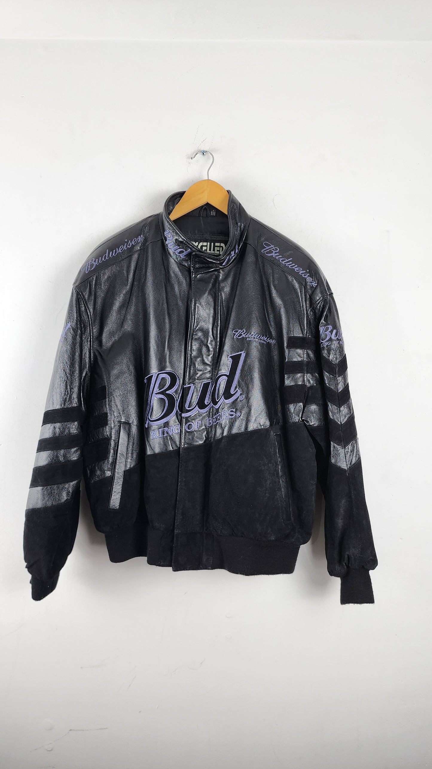 Vintage Excelled All Black Leather Budweiser Nascar Jacket