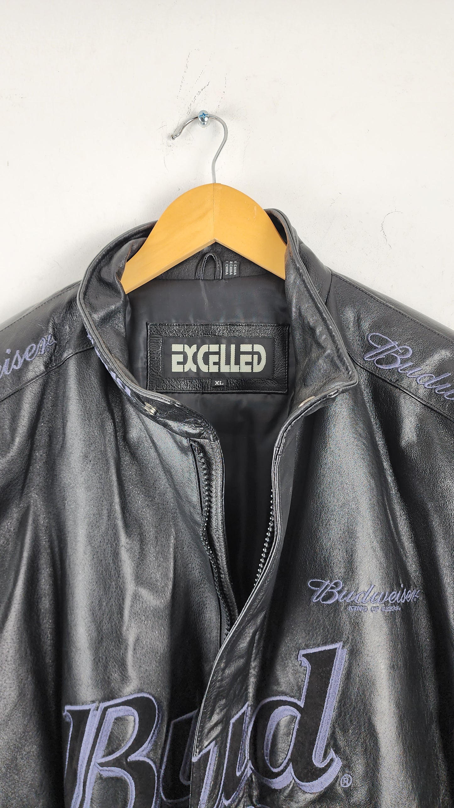 Vintage Excelled All Black Leather Budweiser Nascar Jacket