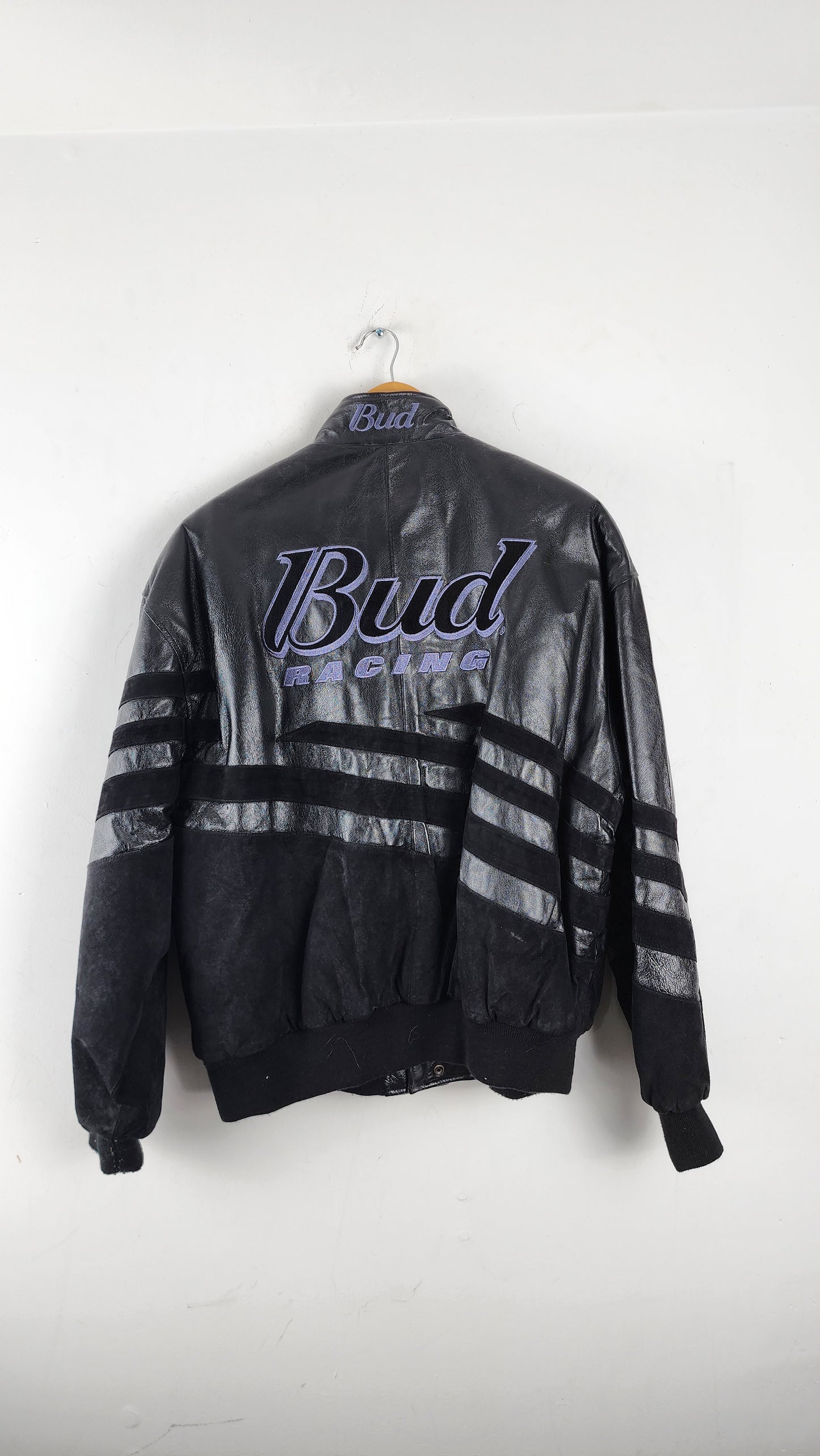 Vintage Excelled All Black Leather Budweiser Nascar Jacket