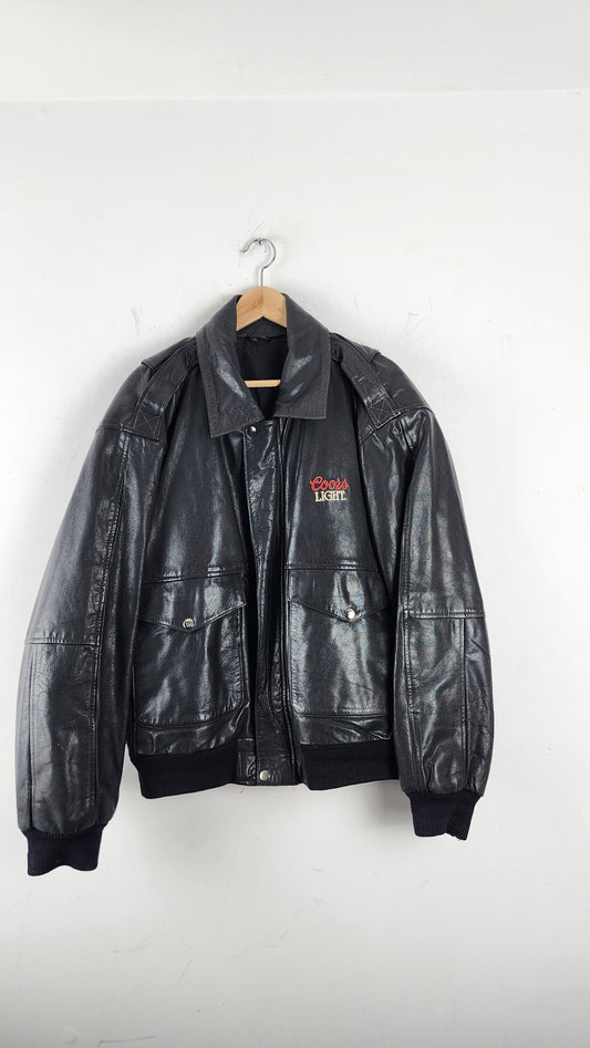 80s/90s Coors LIght Embroidery Black Leather Jacket