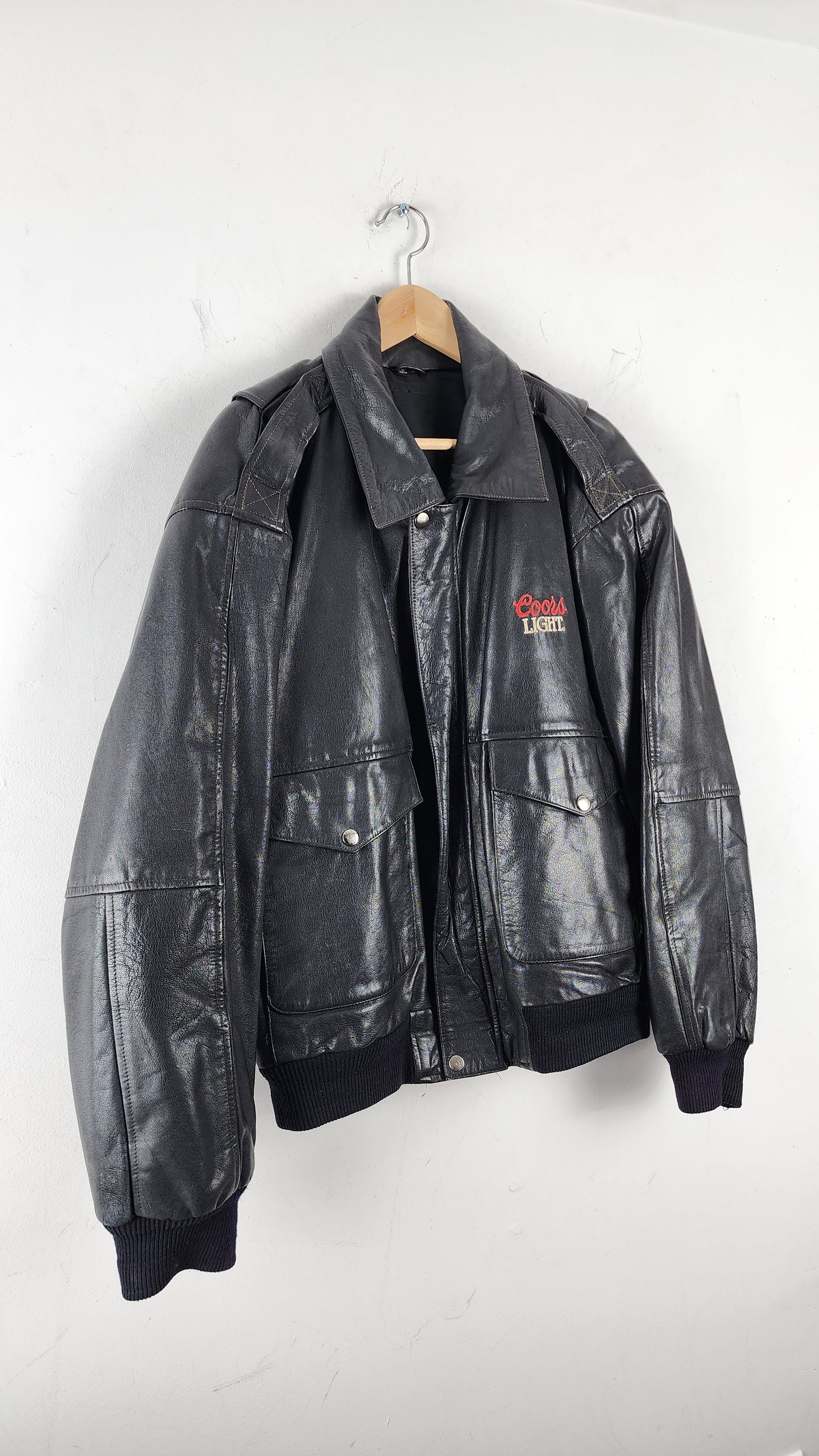 80s/90s Coors LIght Embroidery Black Leather Jacket