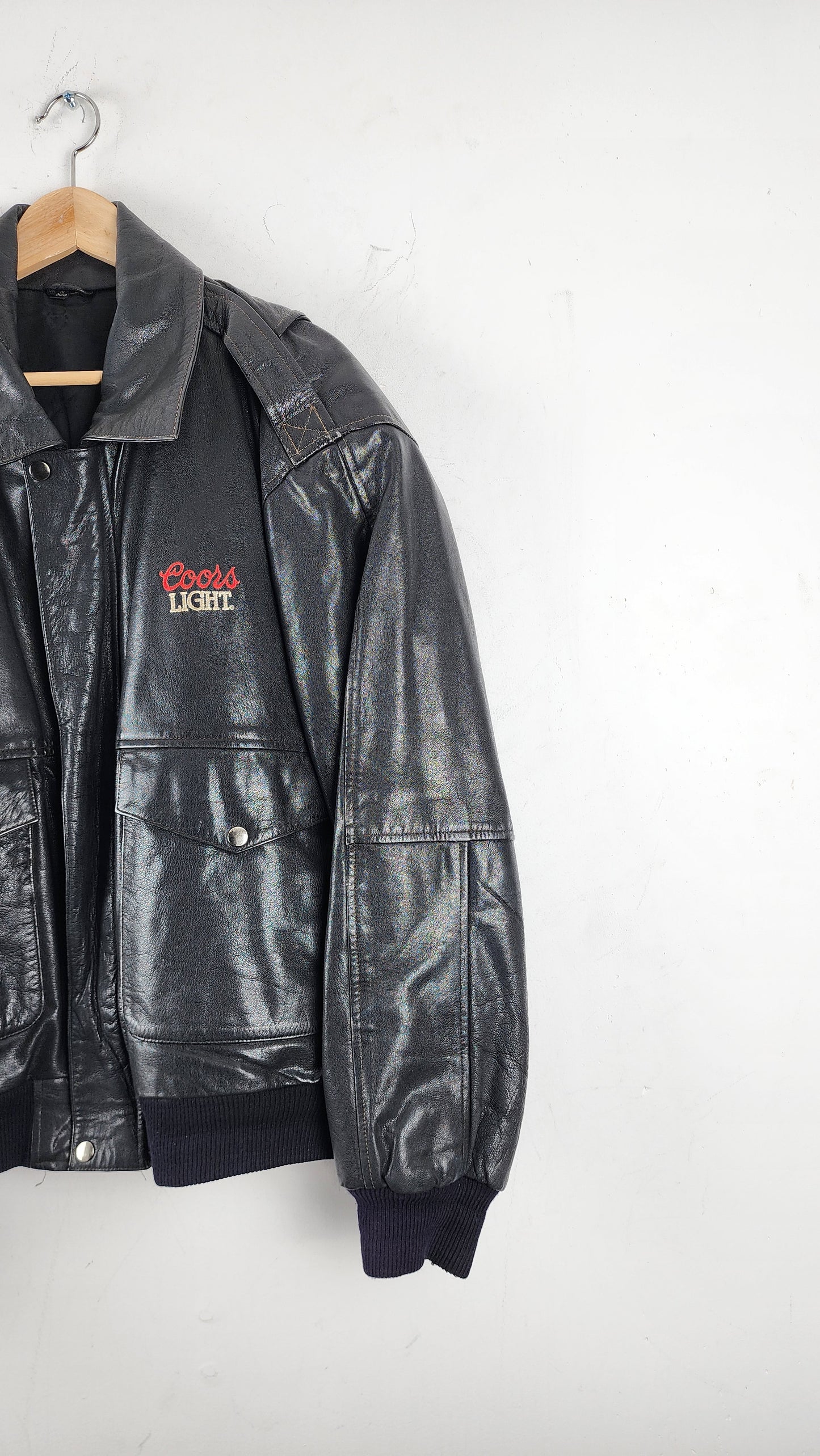 80s/90s Coors LIght Embroidery Black Leather Jacket