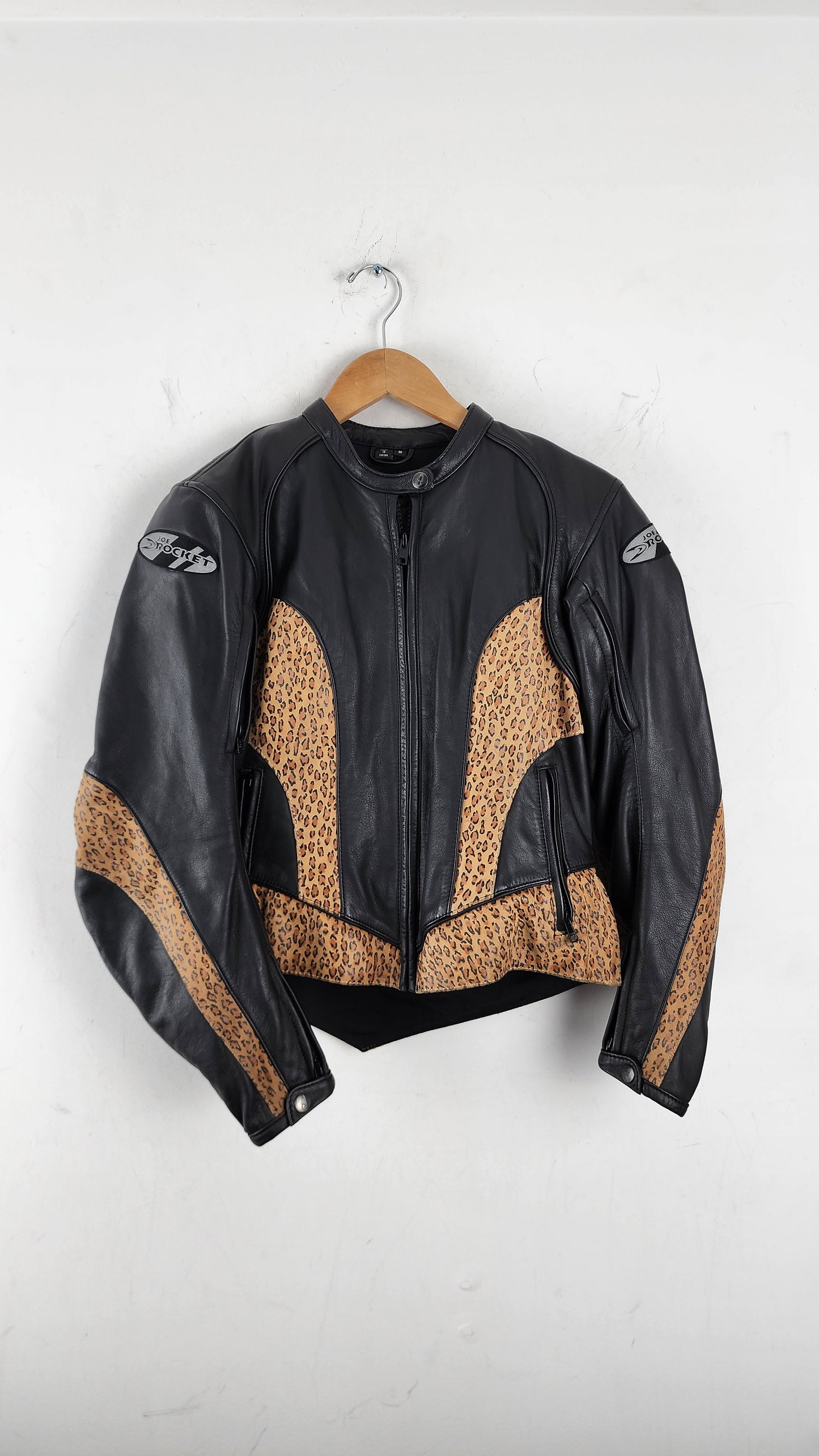 Womens Vintage Joe Rocket Leather Moto Jacket with leopard pattern details