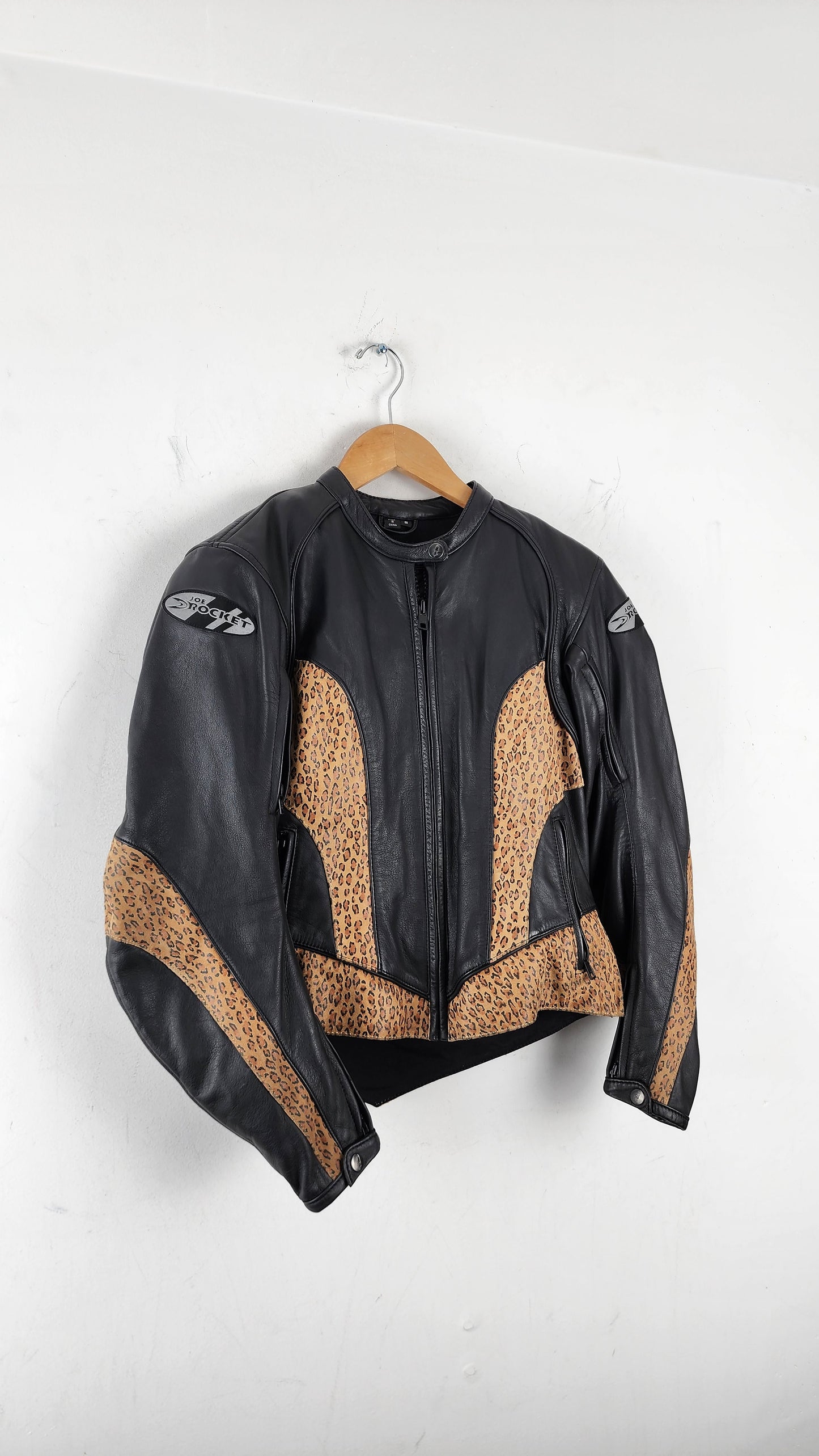 Womens Vintage Joe Rocket Leather Moto Jacket with leopard pattern details