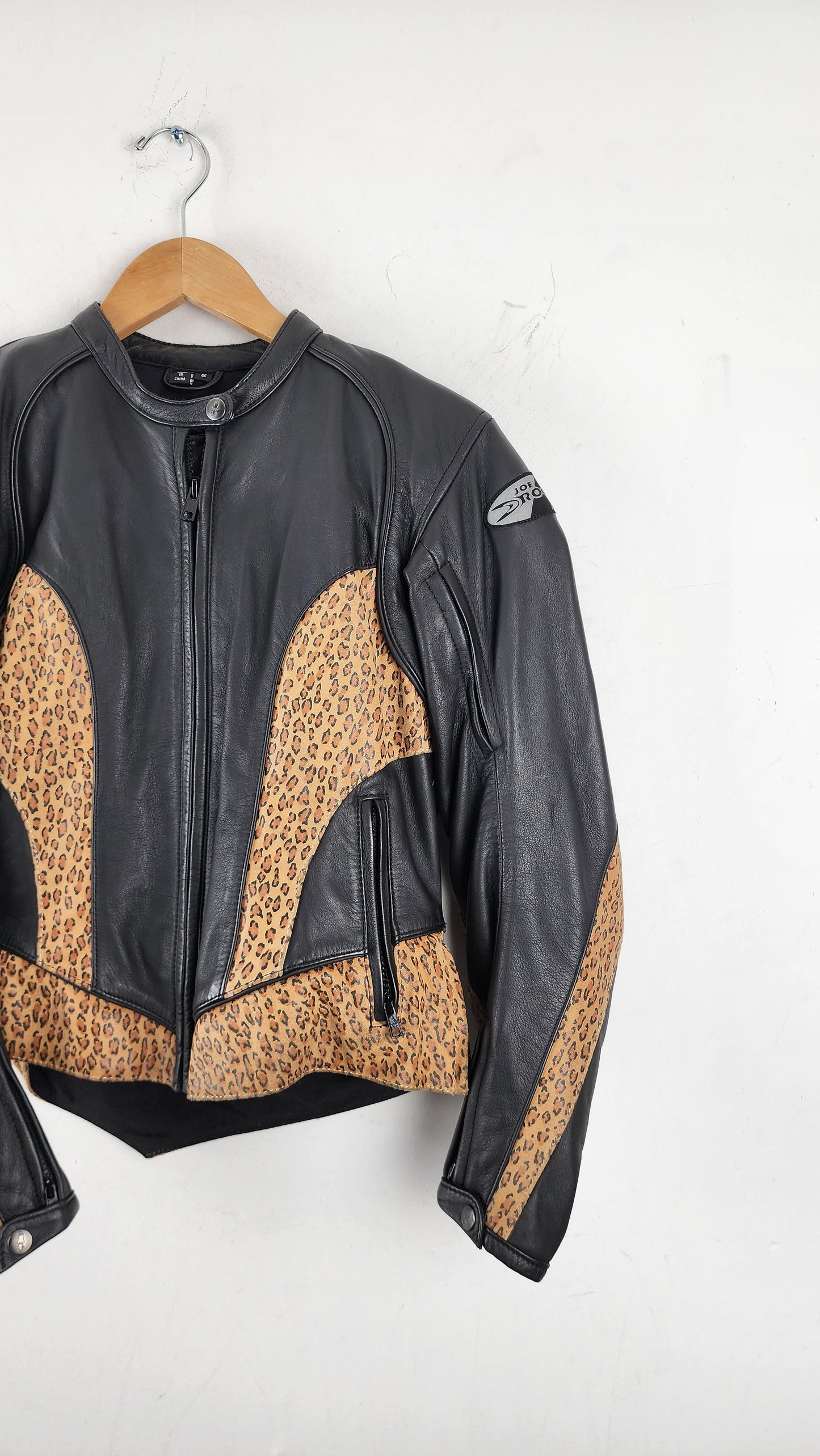 Womens Vintage Joe Rocket Leather Moto Jacket with leopard pattern details