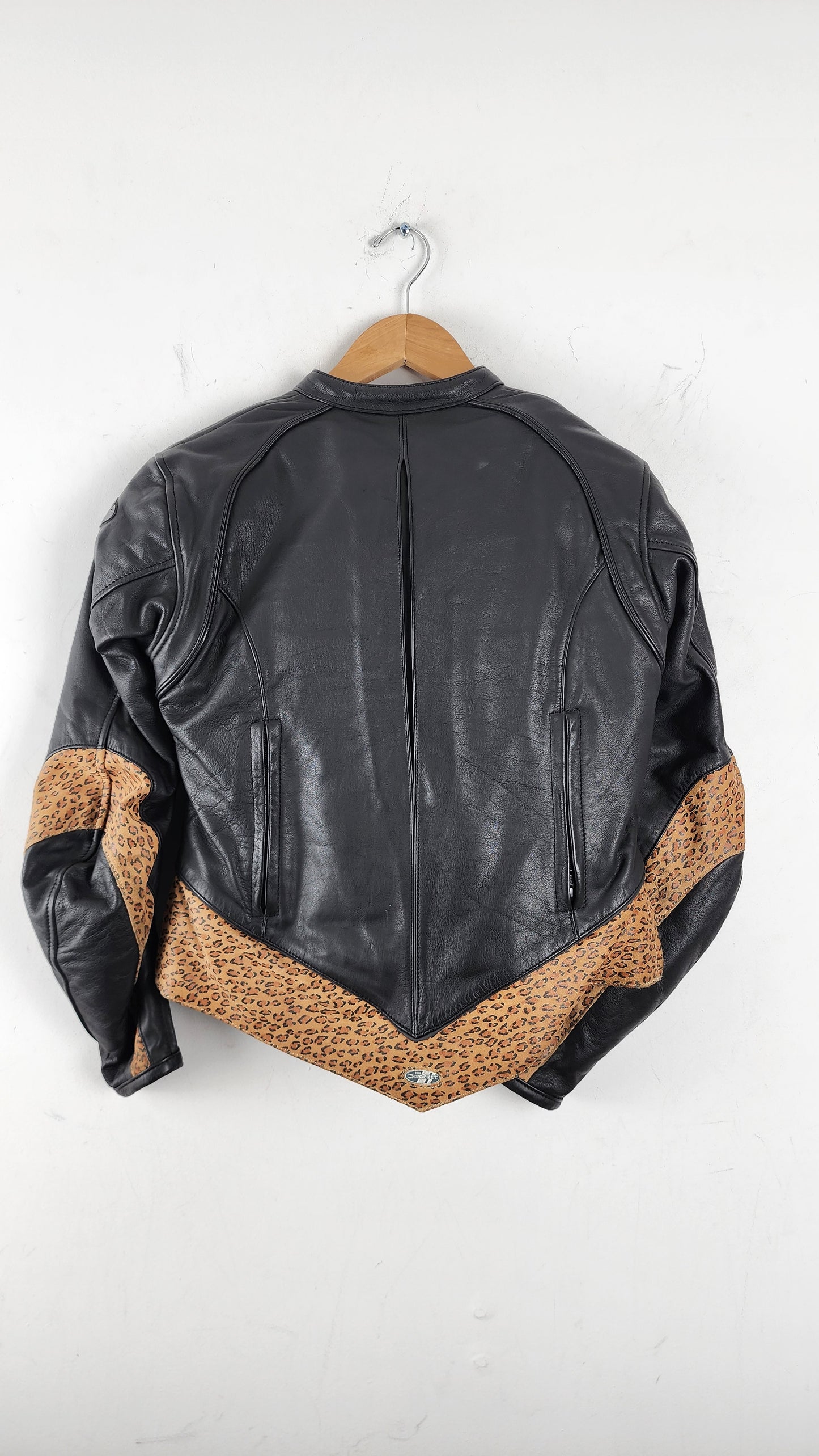 Womens Vintage Joe Rocket Leather Moto Jacket with leopard pattern details