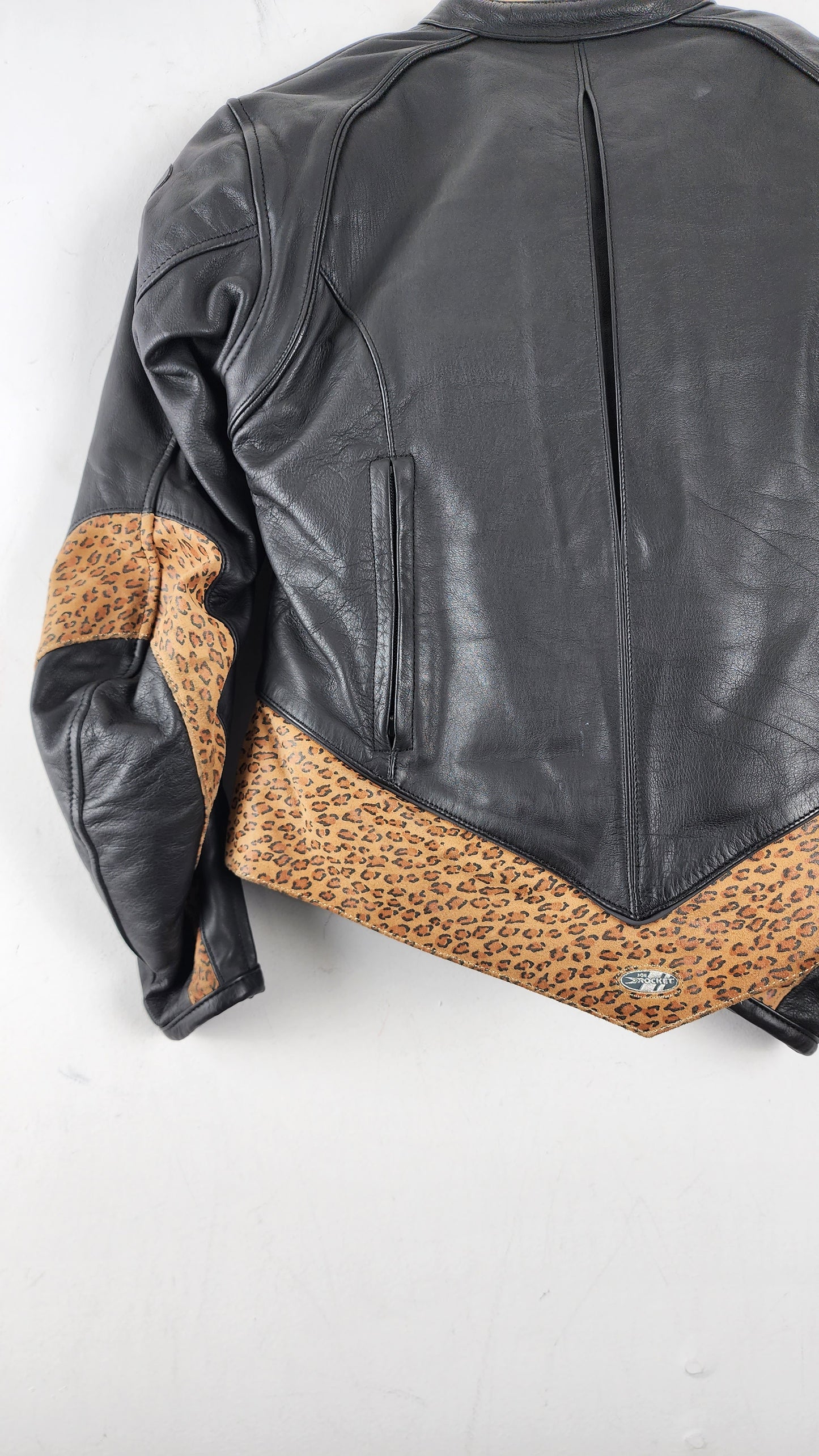 Womens Vintage Joe Rocket Leather Moto Jacket with leopard pattern details