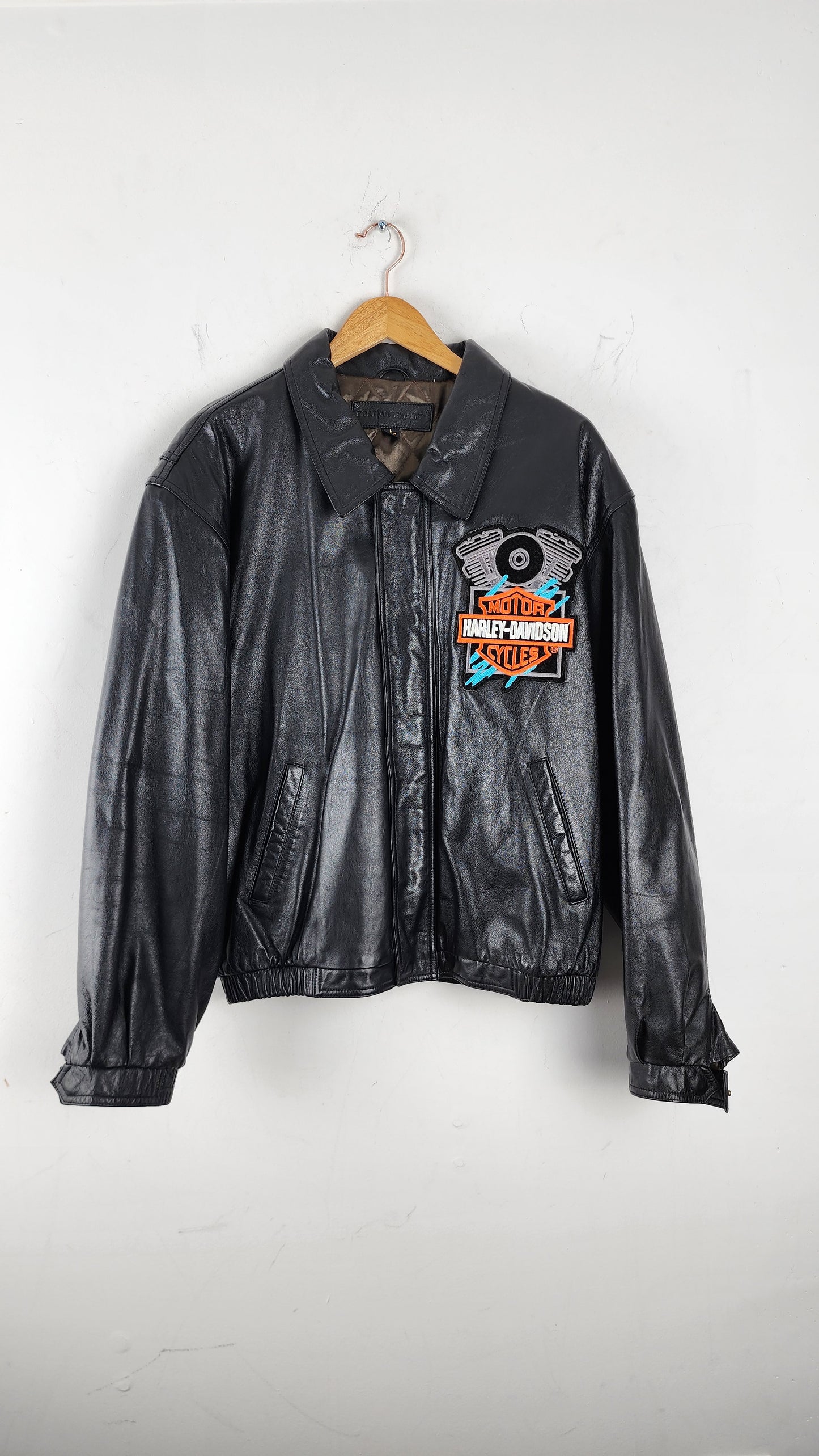 Black Leather Jacket with Vintage Harley Davidson Patchwork