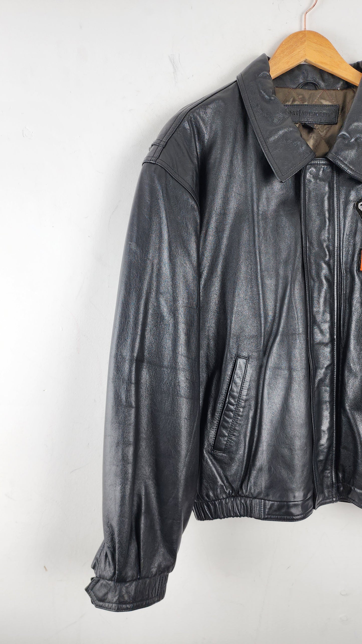 Black Leather Jacket with Vintage Harley Davidson Patchwork