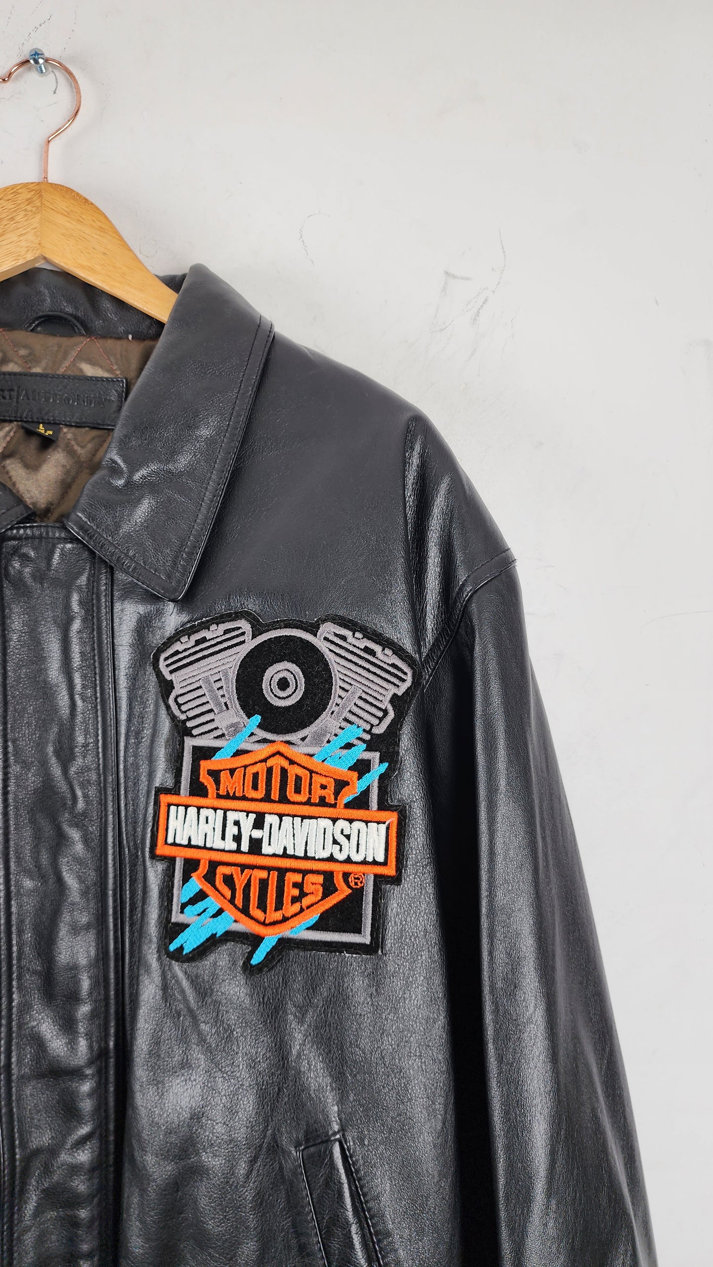 Black Leather Jacket with Vintage Harley Davidson Patchwork