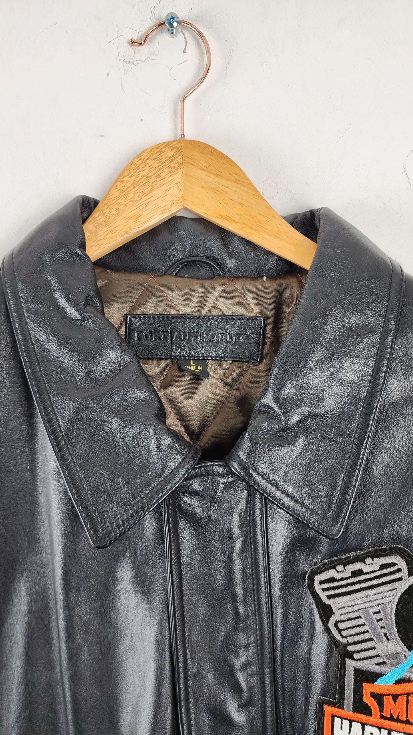 Black Leather Jacket with Vintage Harley Davidson Patchwork