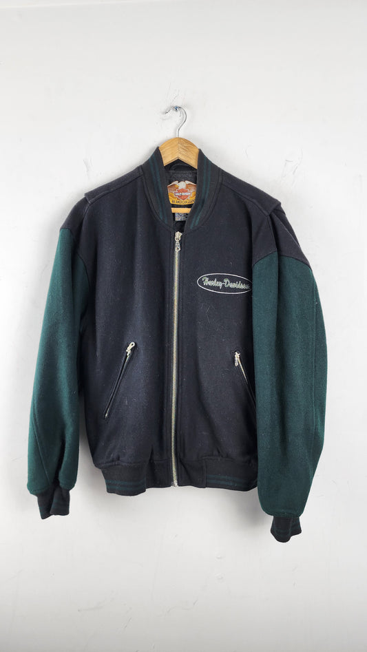 Vintage Harley Davidson Bomber Style Wool Jacket with green sleeves