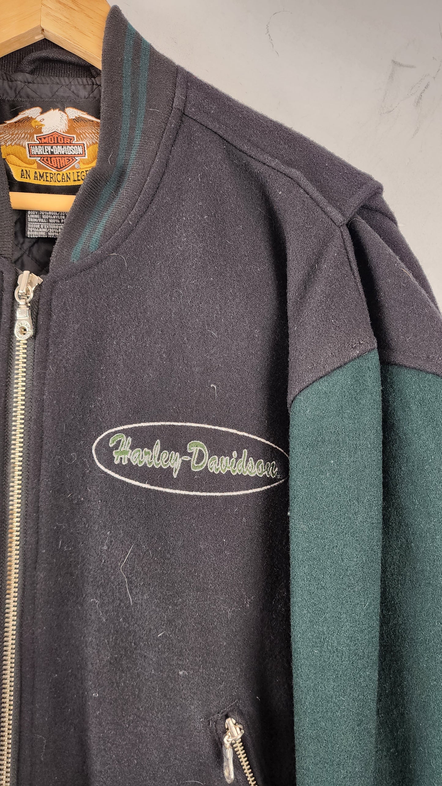 Vintage Harley Davidson Bomber Style Wool Jacket with green sleeves