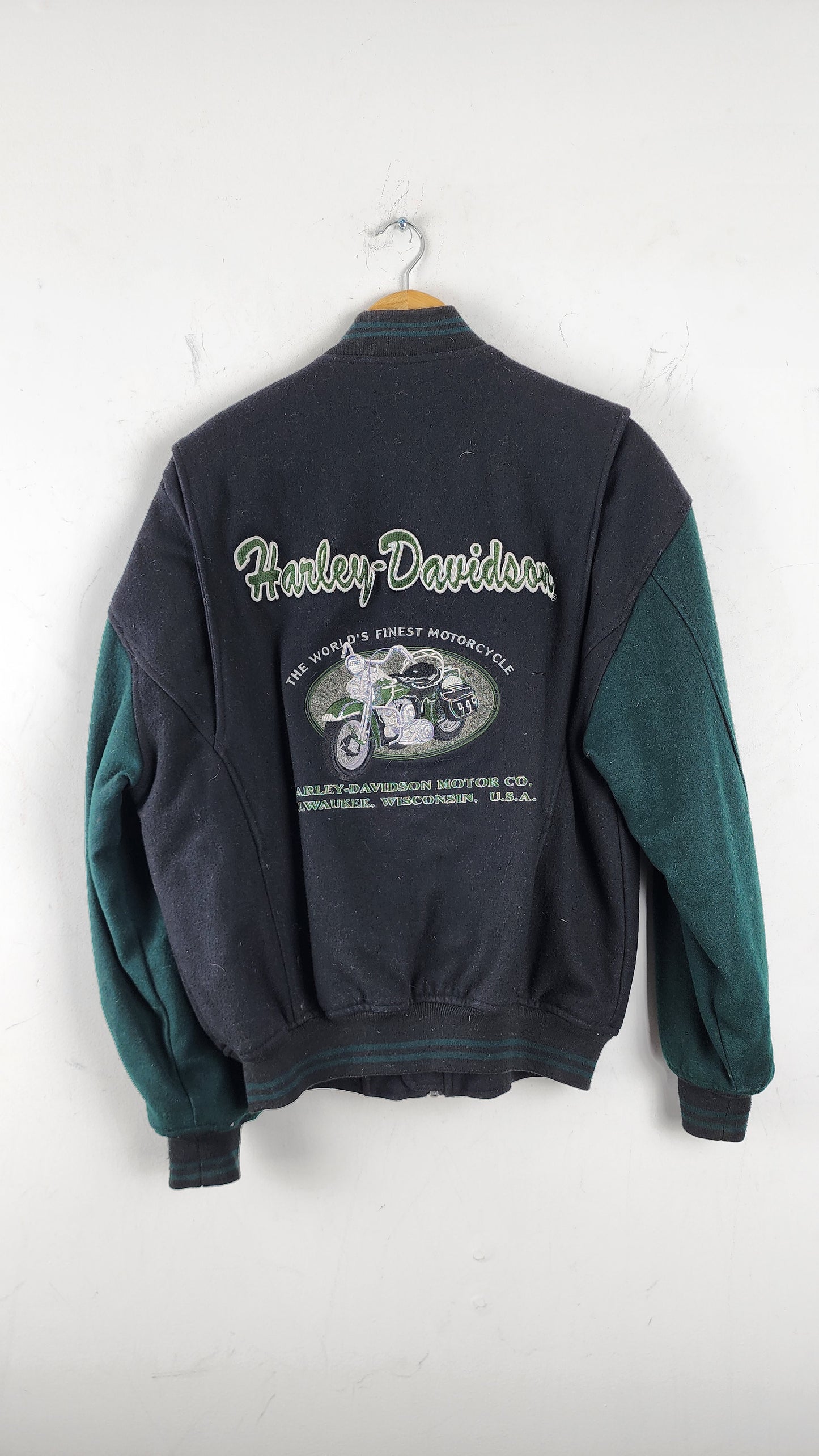 Vintage Harley Davidson Bomber Style Wool Jacket with green sleeves