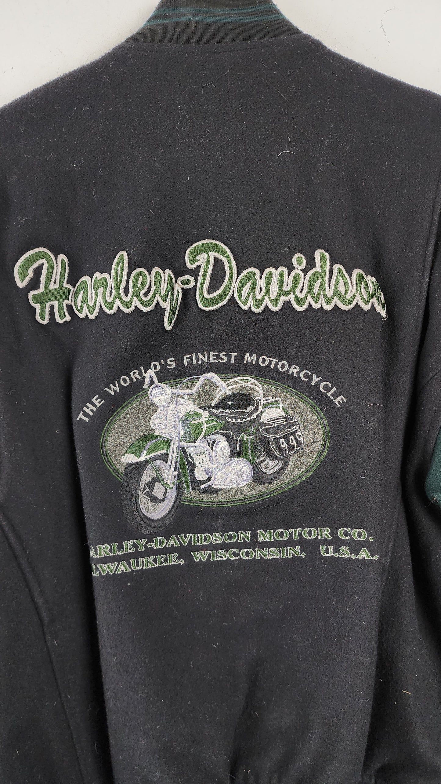 Vintage Harley Davidson Bomber Style Wool Jacket with green sleeves