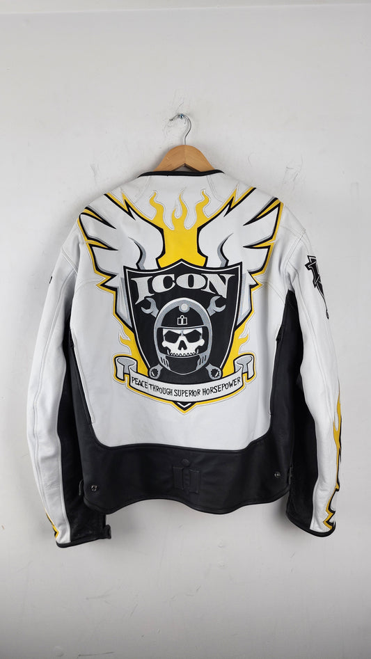 Vintage Icon Crest Leather Biker Jacket with Heavy Embroidery