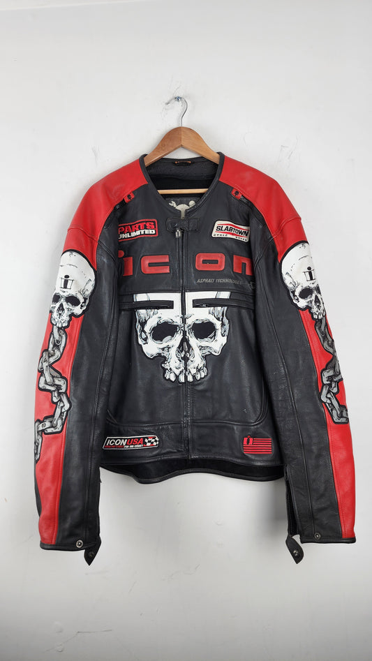 Vintage Icon Skull Leather Biker Jacket with Heavy Embroidery