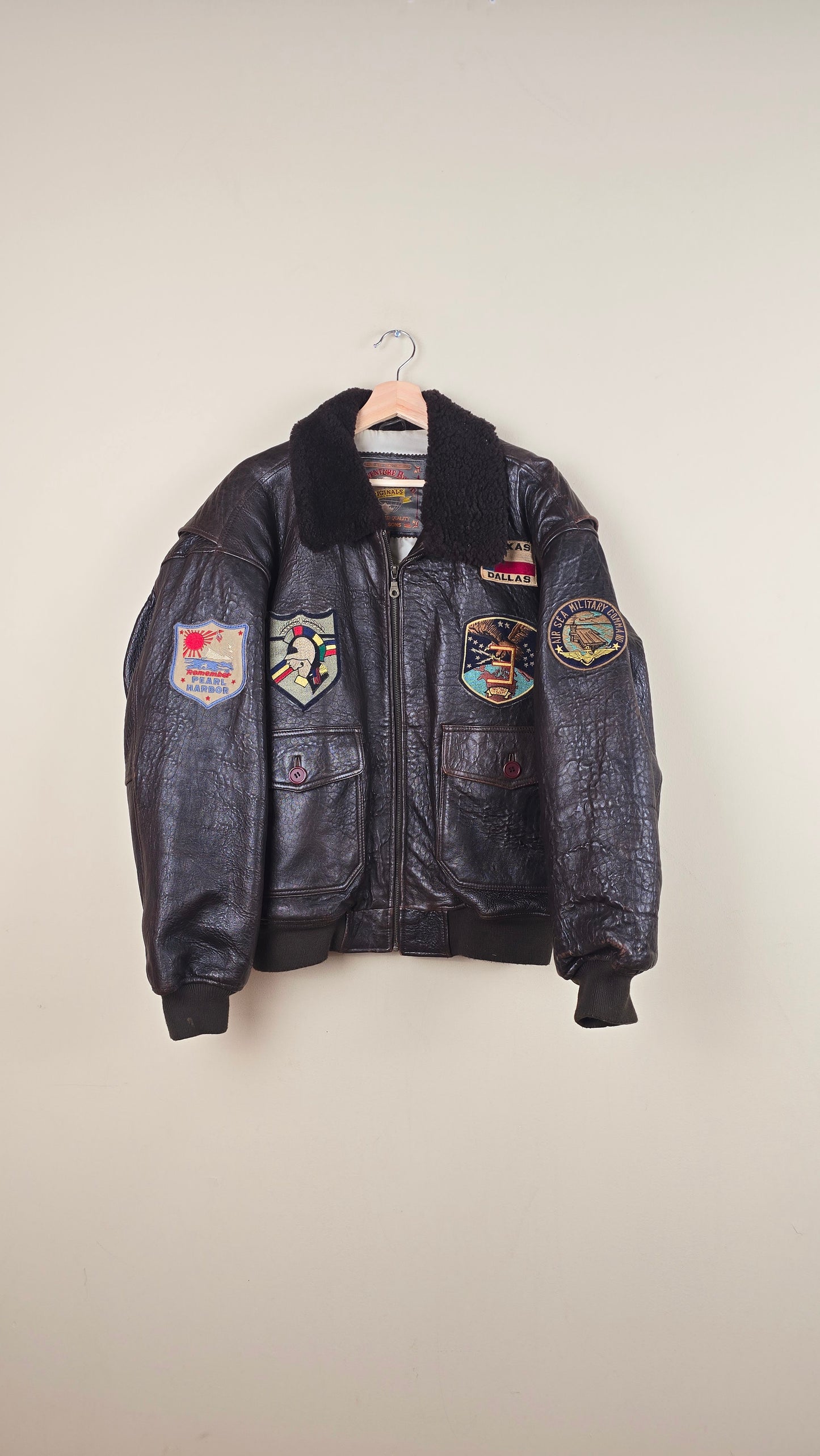 Vintage US Military Air Sea Command Brown Leather Jacket (Size L) | VET05