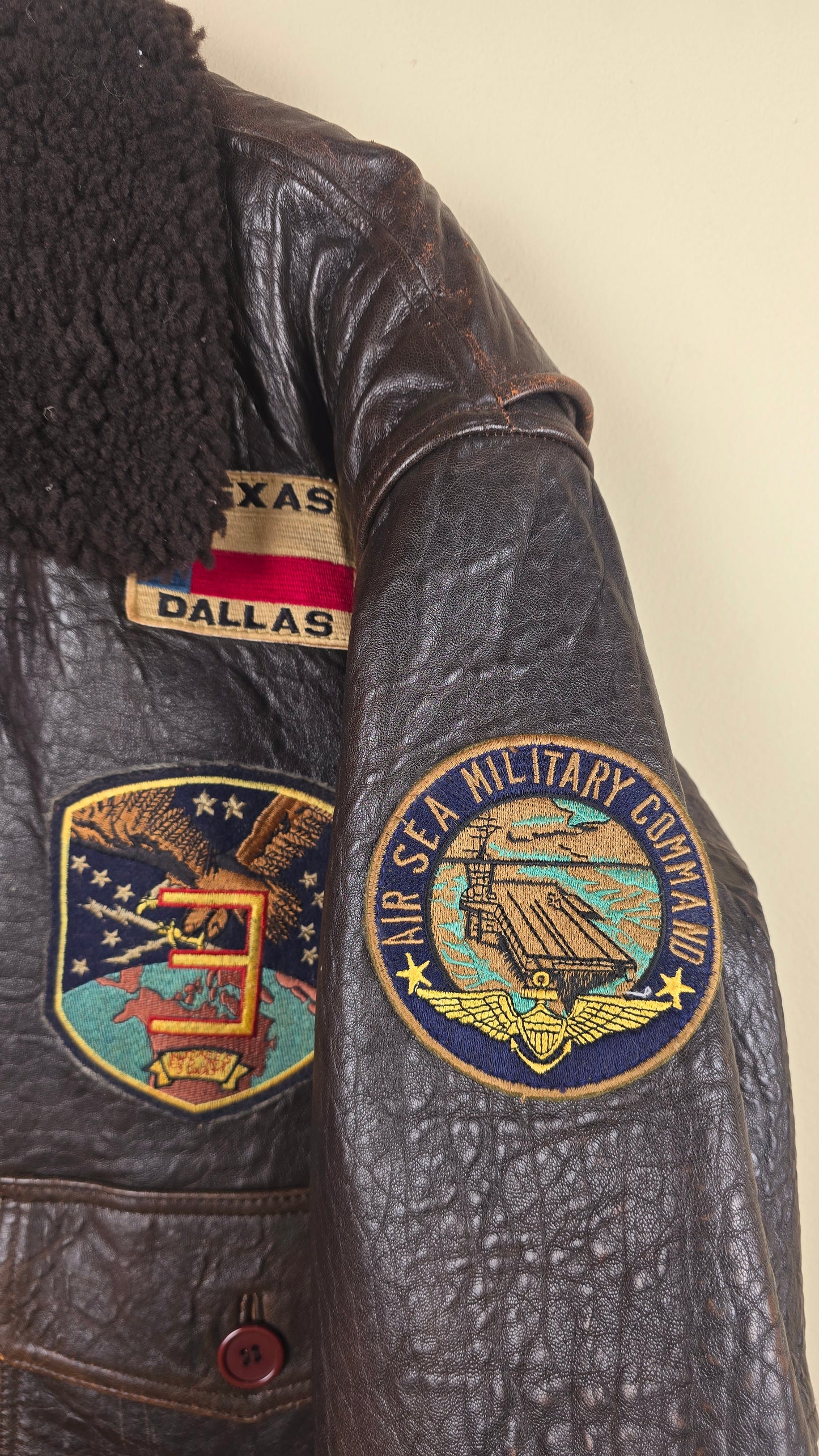 Vintage US Military Air Sea Command Brown Leather Jacket (Size L) | VET05