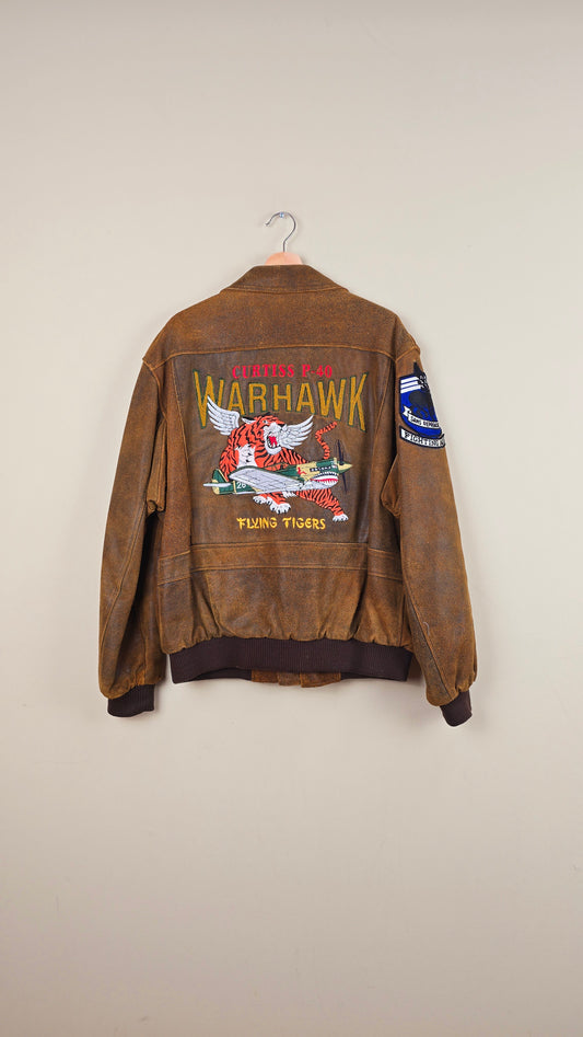 Vintage Military Warhawk Airforce Brown Leather Jacket (Size L) | VET07