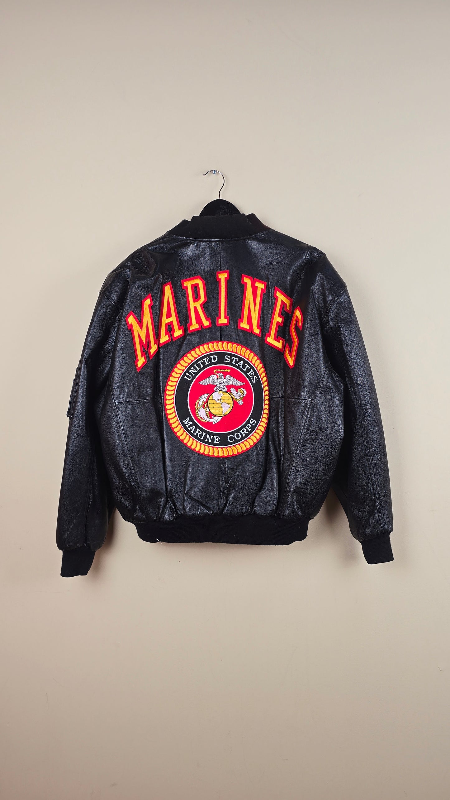 Vintage Michael Hoban WhereMI US Marines Black Leather Jacket (Size XL) | VET09