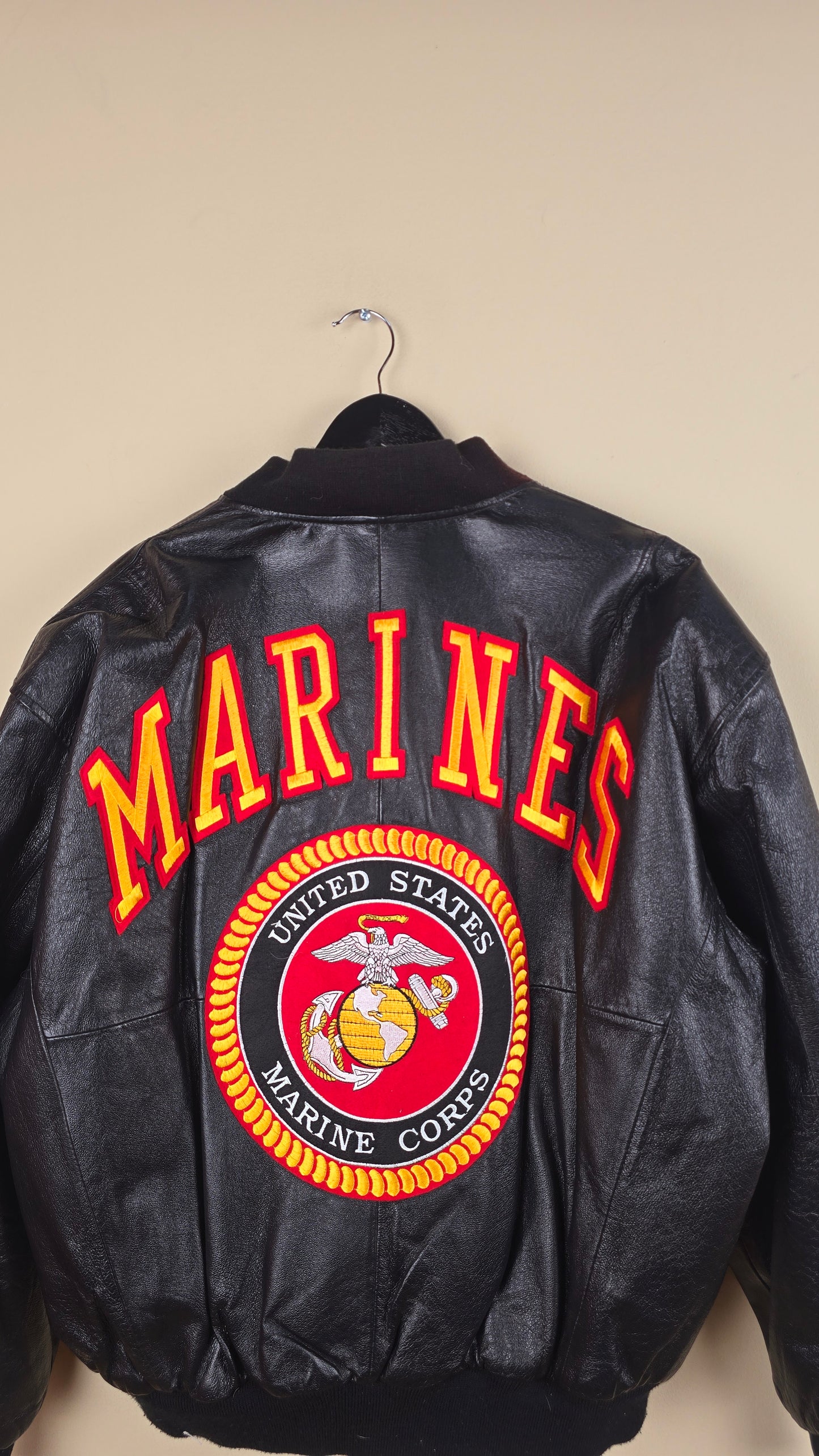 Vintage Michael Hoban WhereMI US Marines Black Leather Jacket (Size XL) | VET09