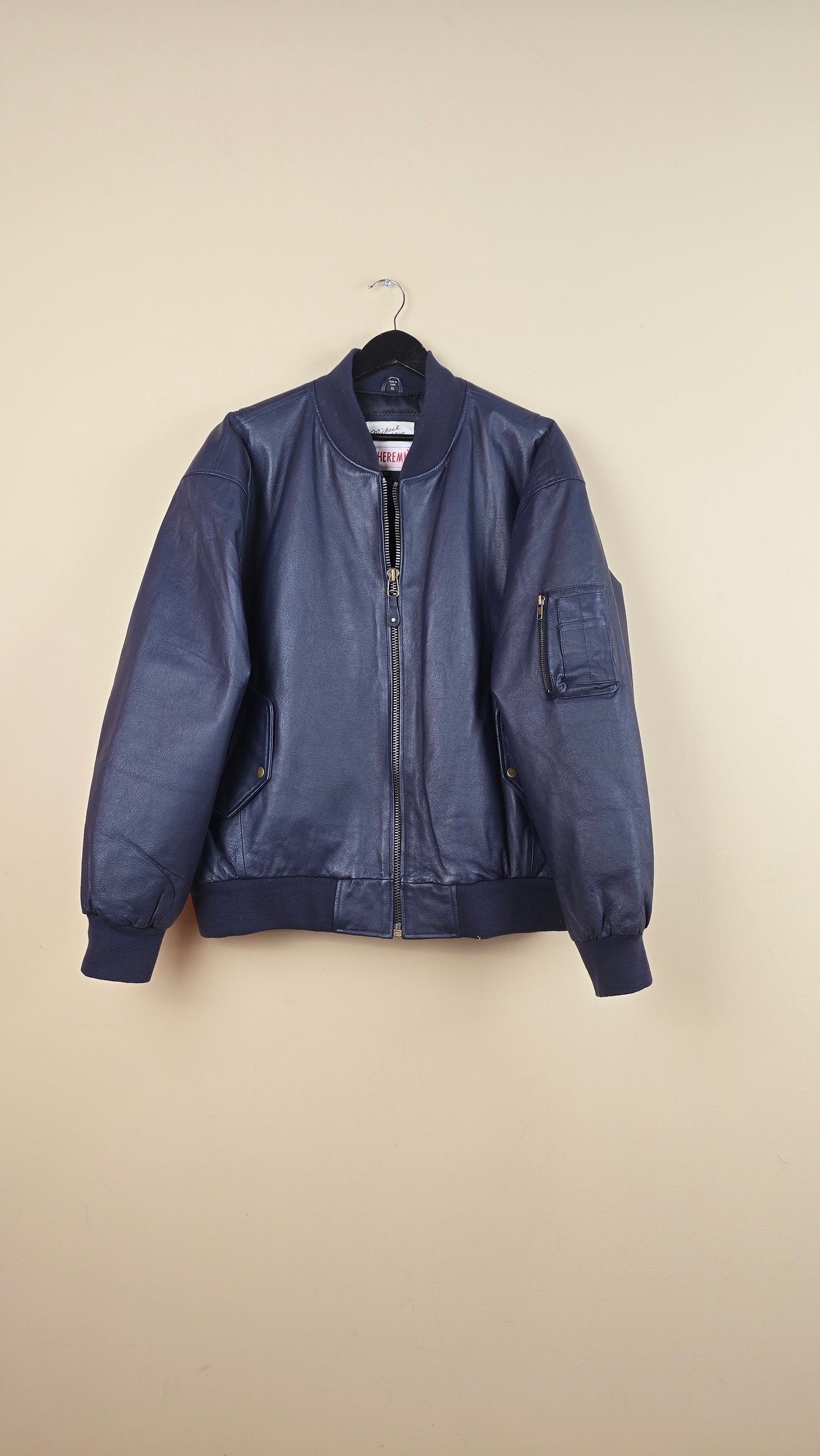 Vintage Michael Hoban WhereMI US Navy Blue Leather Jacket (Size XL) | VET10