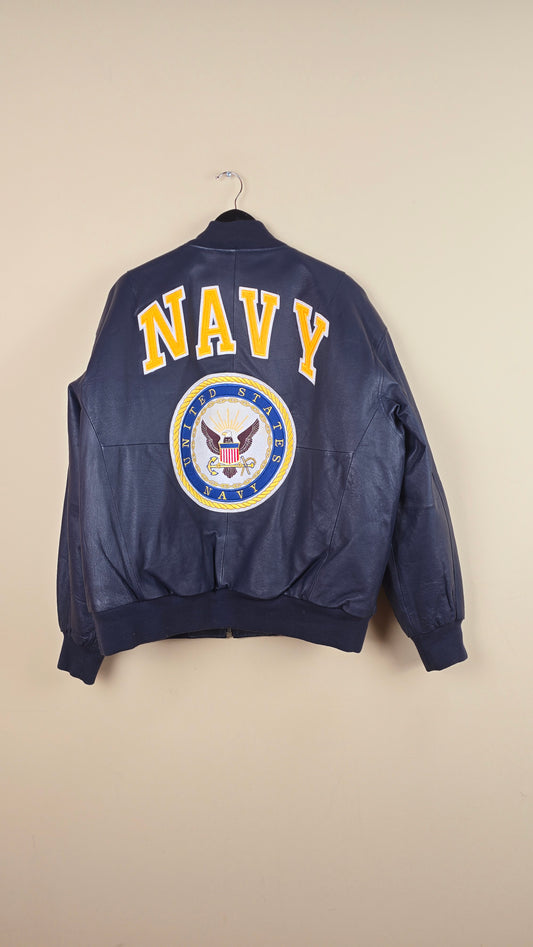 Vintage Michael Hoban WhereMI US Navy Blue Leather Jacket (Size XL) | VET10