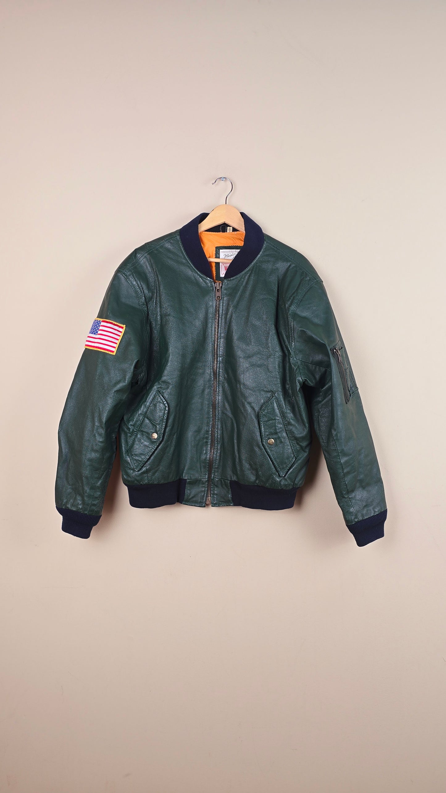 Vintage Michael Hoban WhereMI US Army Green Leather Jacket (Size L) | VET11