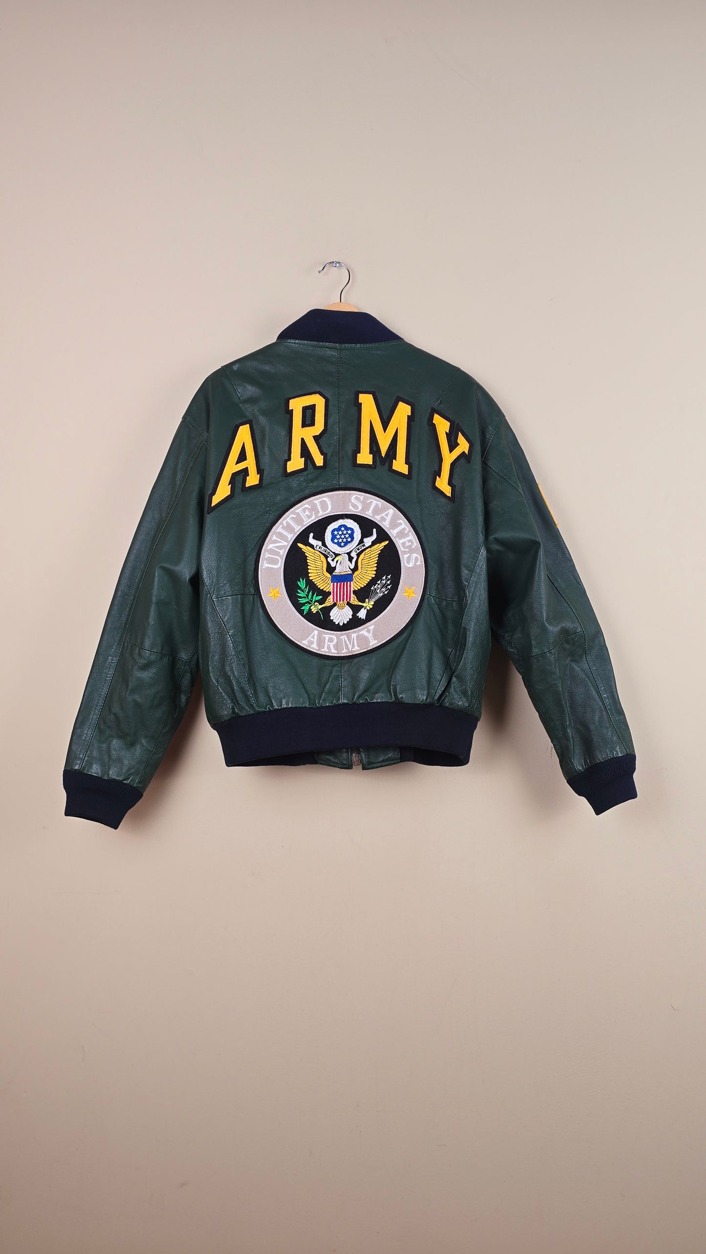 Vintage Michael Hoban WhereMI US Army Green Leather Jacket (Size L) | VET11