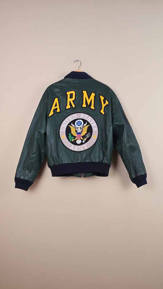 Vintage Michael Hoban WhereMI US Army Green Leather Jacket (Size L) | VET11