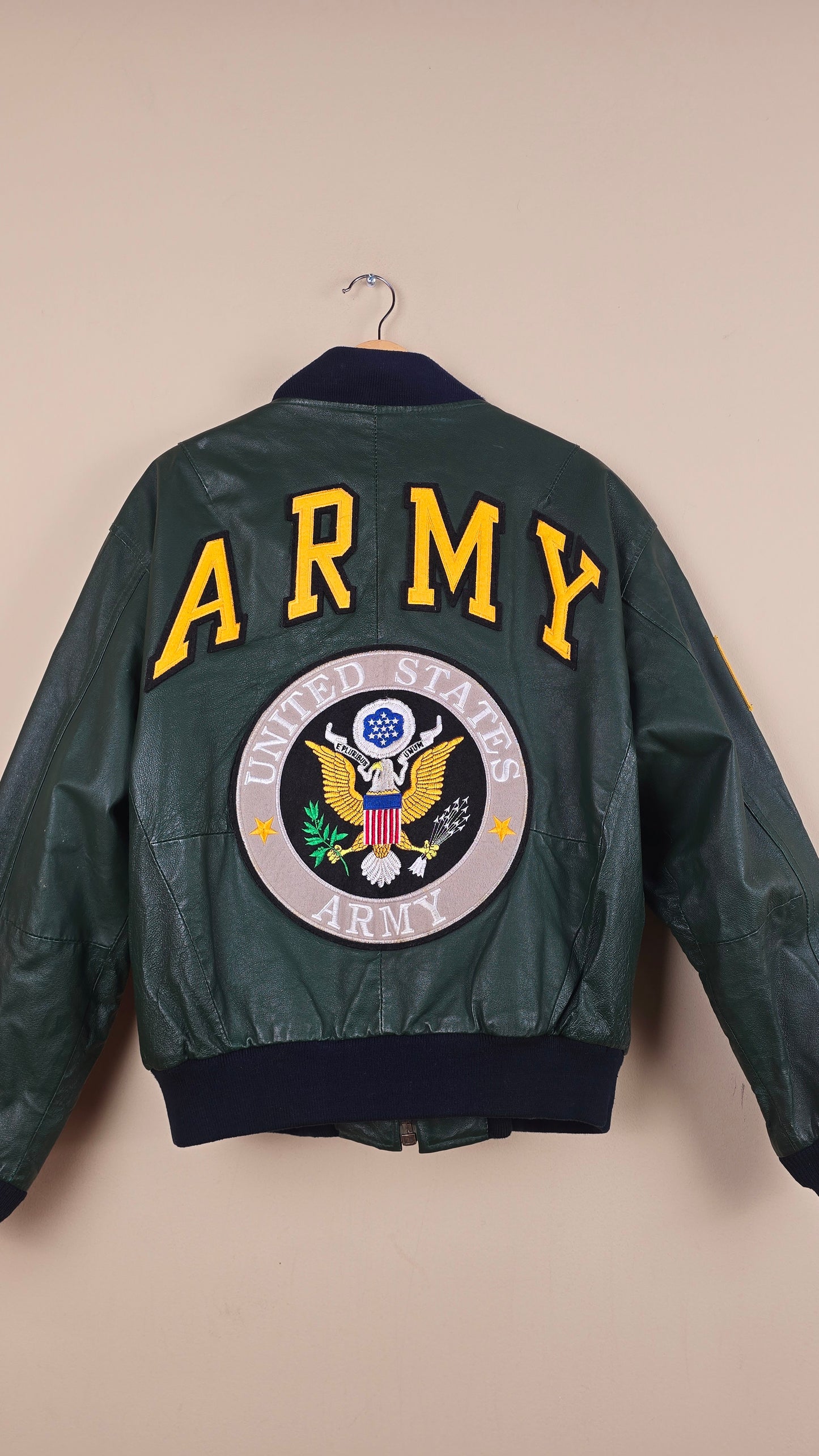 Vintage Michael Hoban WhereMI US Army Green Leather Jacket (Size L) | VET11