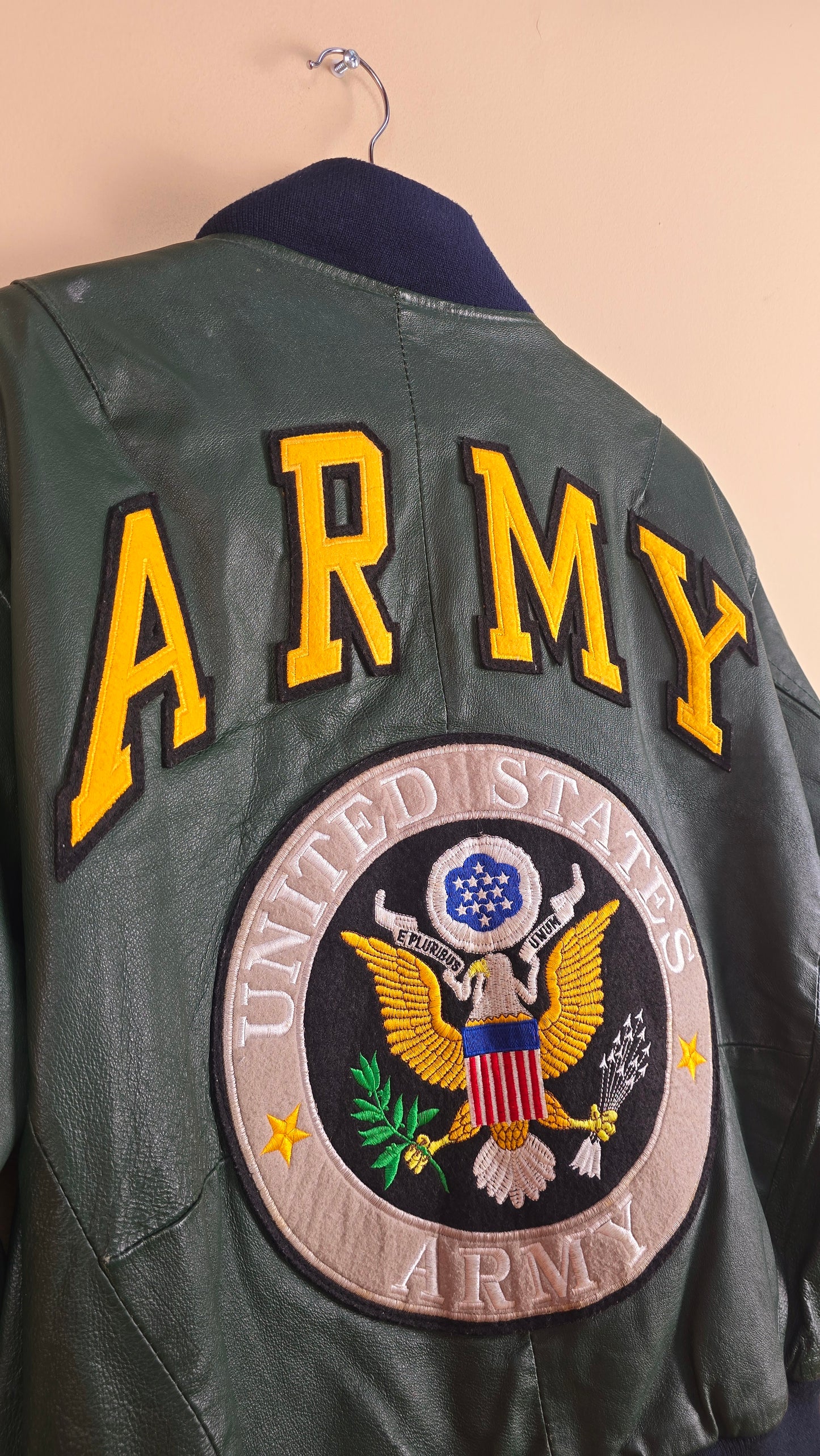 Vintage Michael Hoban WhereMI US Army Green Leather Jacket (Size L) | VET11